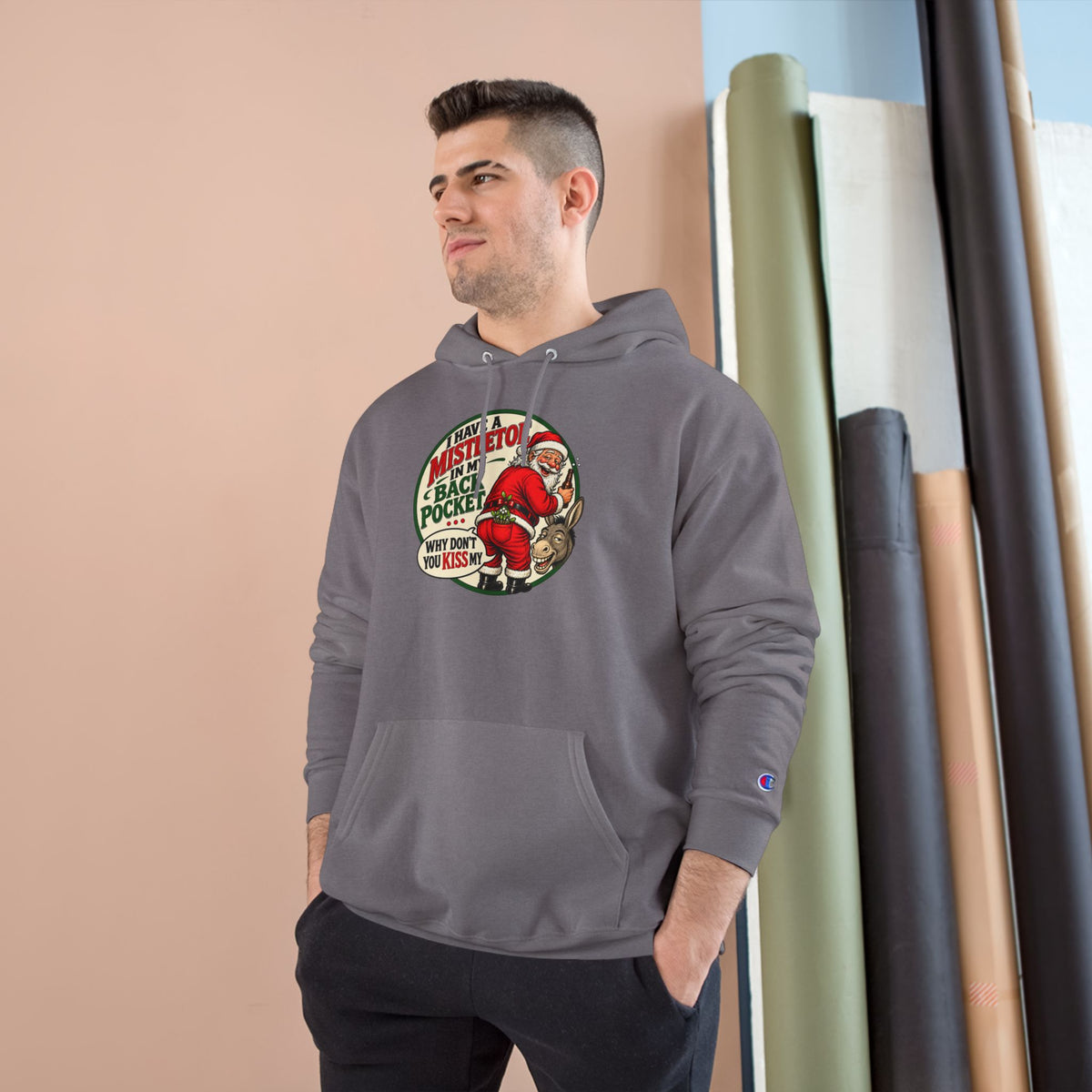 Vintage Santa Hoodie - "Mistletoe Back Pocket" Christmas Sweatshirt